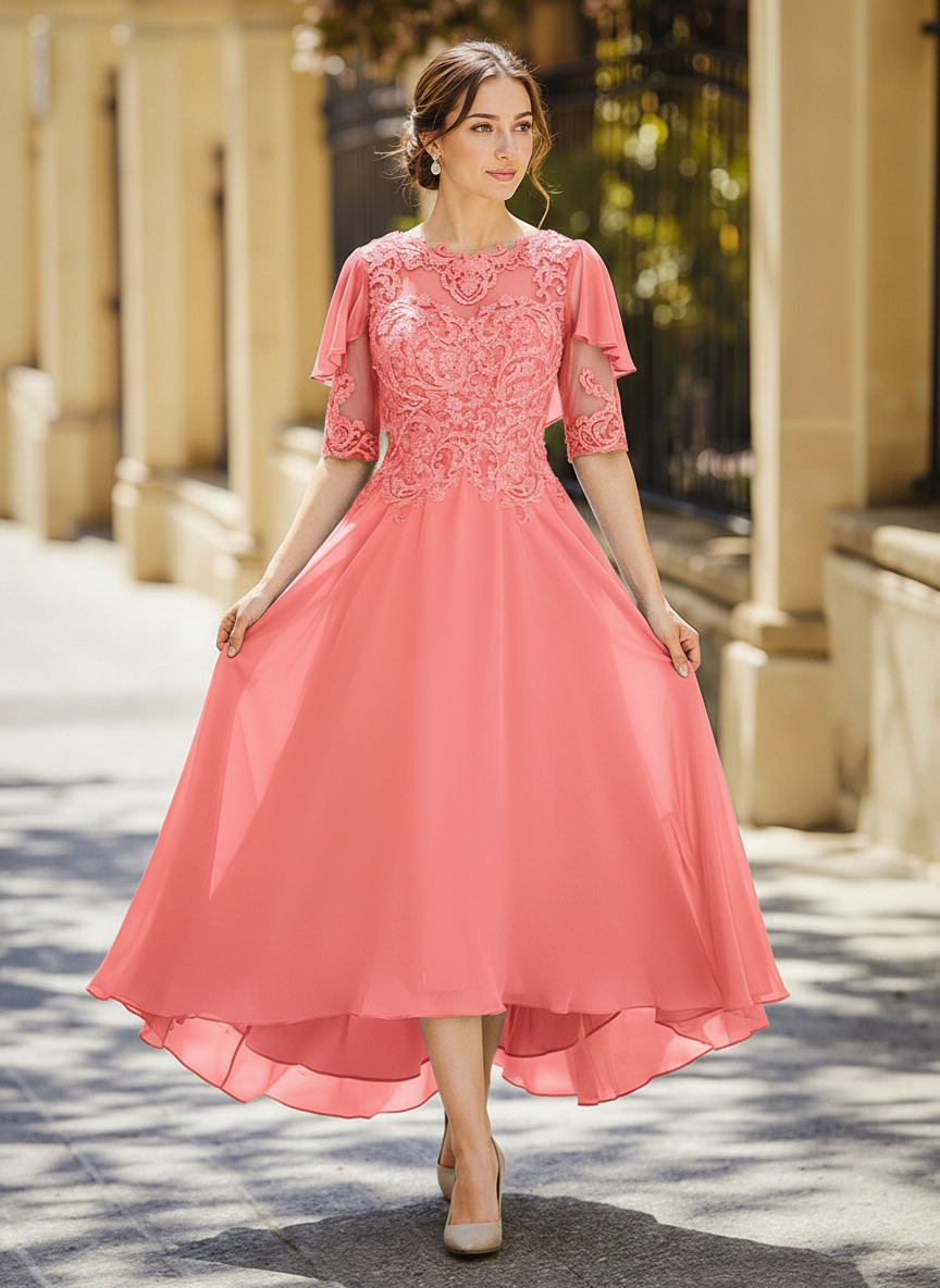 Illusion Neck 1/2 Sleeves A-Line Ankle-Length Chiffon Mother Of The Bride Dresses