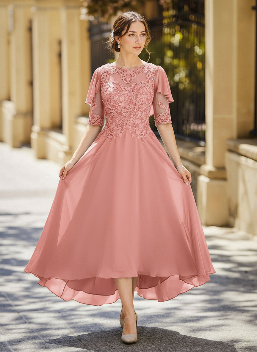 Illusion Neck 1/2 Sleeves A-Line Ankle-Length Chiffon Mother Of The Bride Dresses