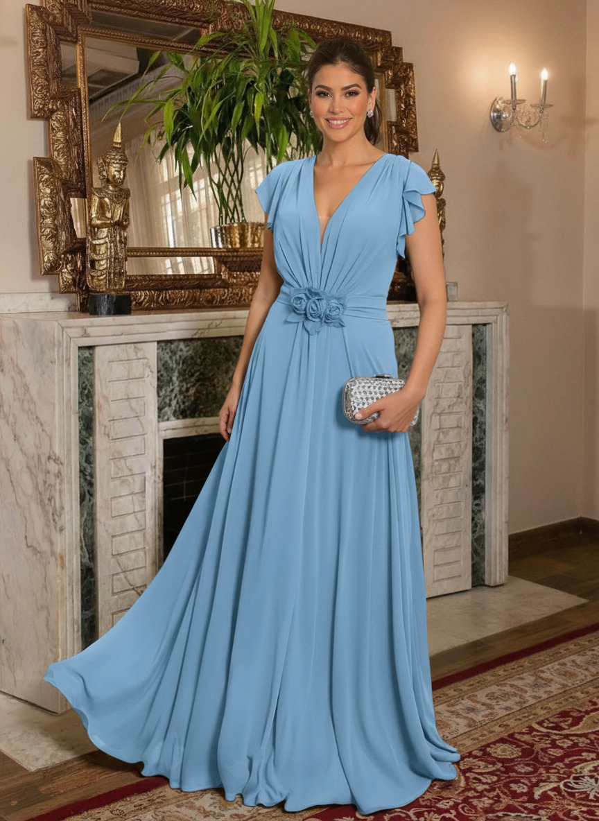 V-Neck Short Sleeves A-Line Floor-Length Chiffon Mother Of The Bride Dresses With Ruffle/Flower(s)