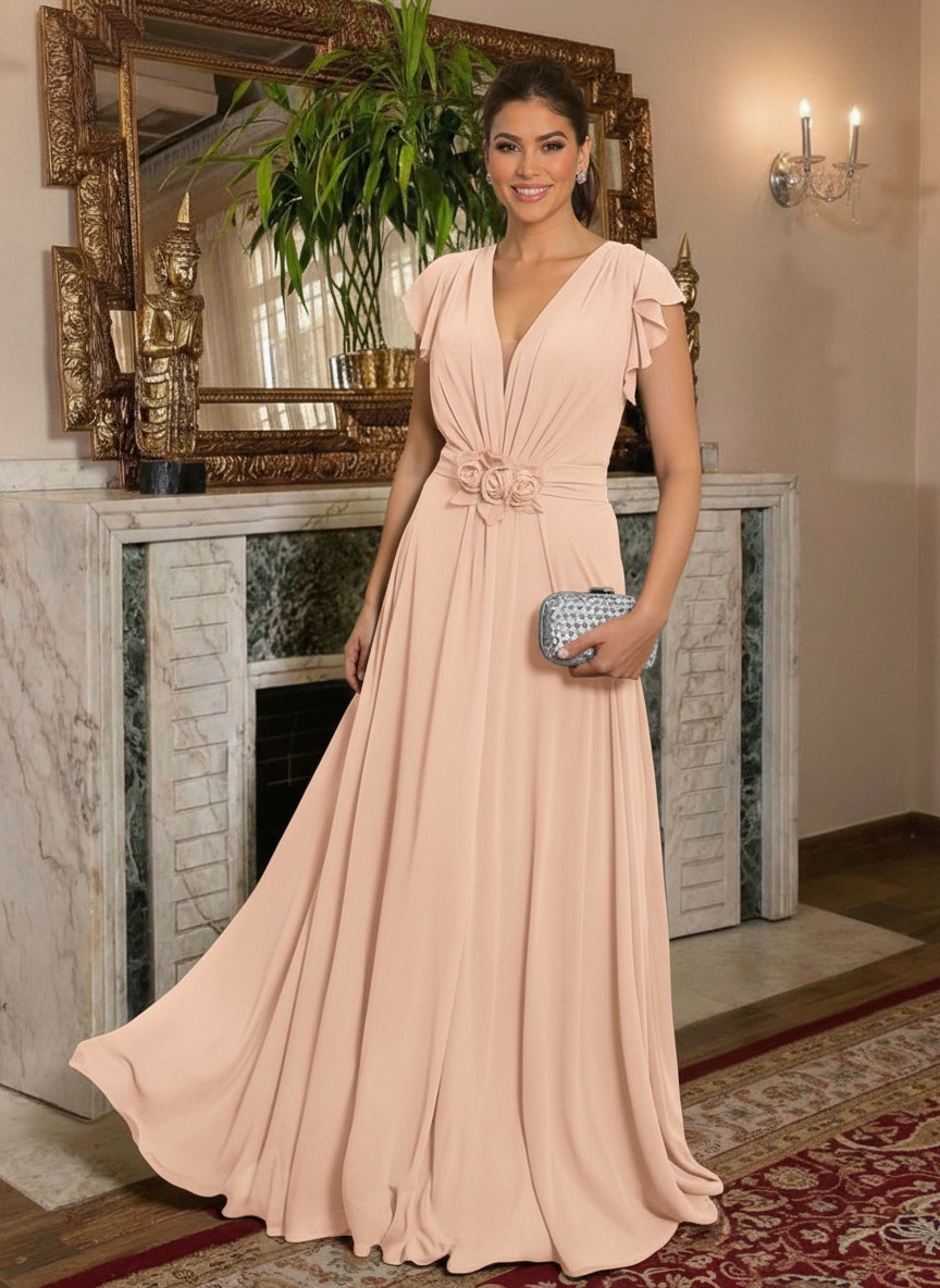 V-Neck Short Sleeves A-Line Floor-Length Chiffon Mother Of The Bride Dresses With Ruffle/Flower(s)