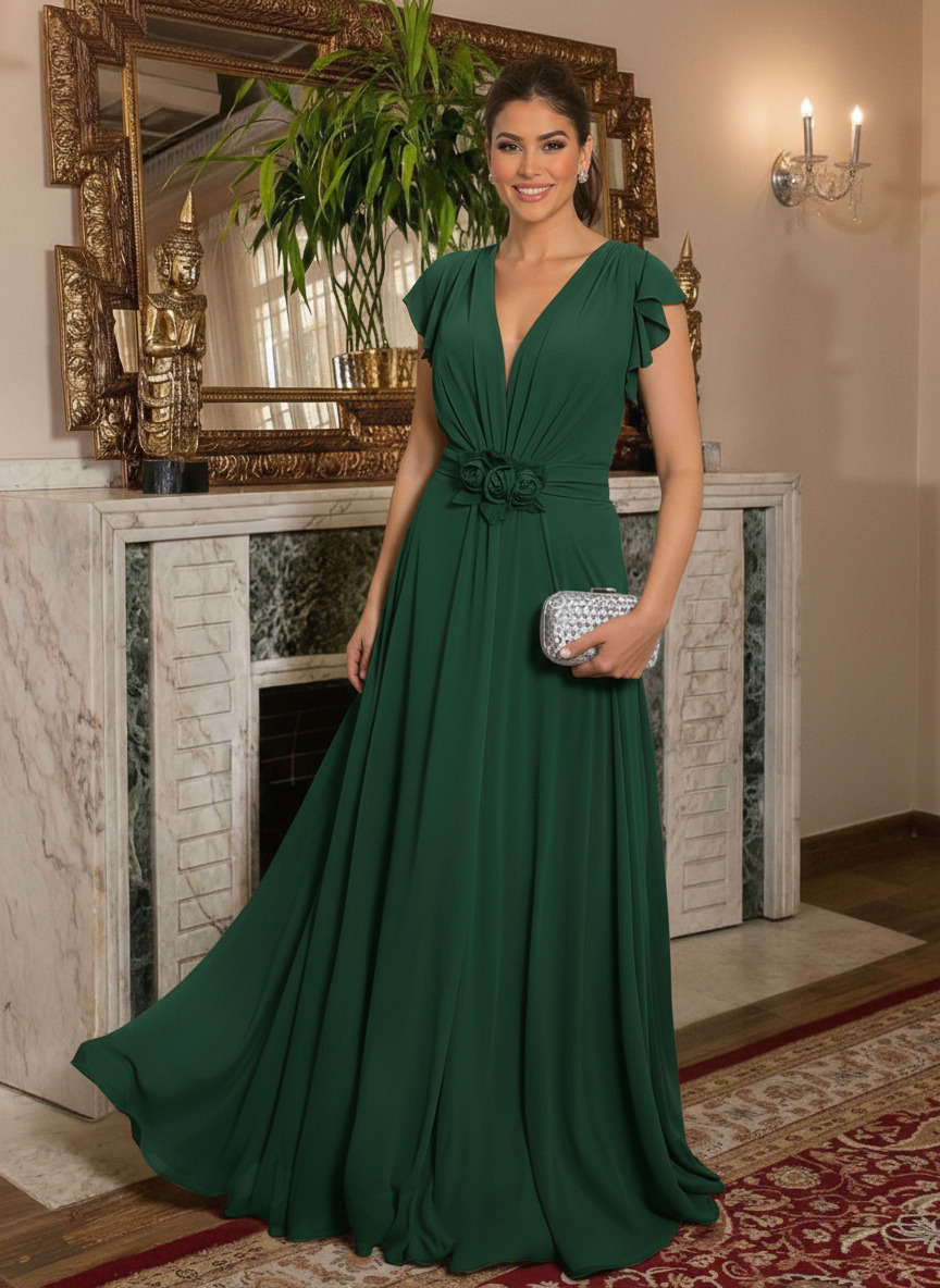 V-Neck Short Sleeves A-Line Floor-Length Chiffon Mother Of The Bride Dresses With Ruffle/Flower(s)