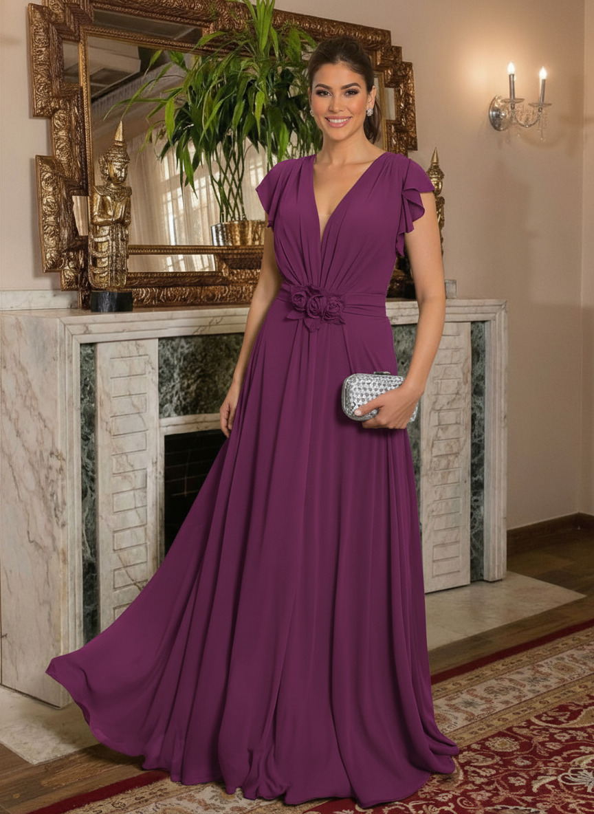 V-Neck Short Sleeves A-Line Floor-Length Chiffon Mother Of The Bride Dresses With Ruffle/Flower(s)