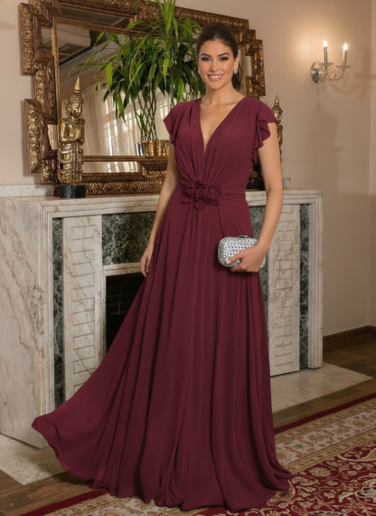 V-Neck Short Sleeves A-Line Floor-Length Chiffon Mother Of The Bride Dresses With Ruffle/Flower(s)