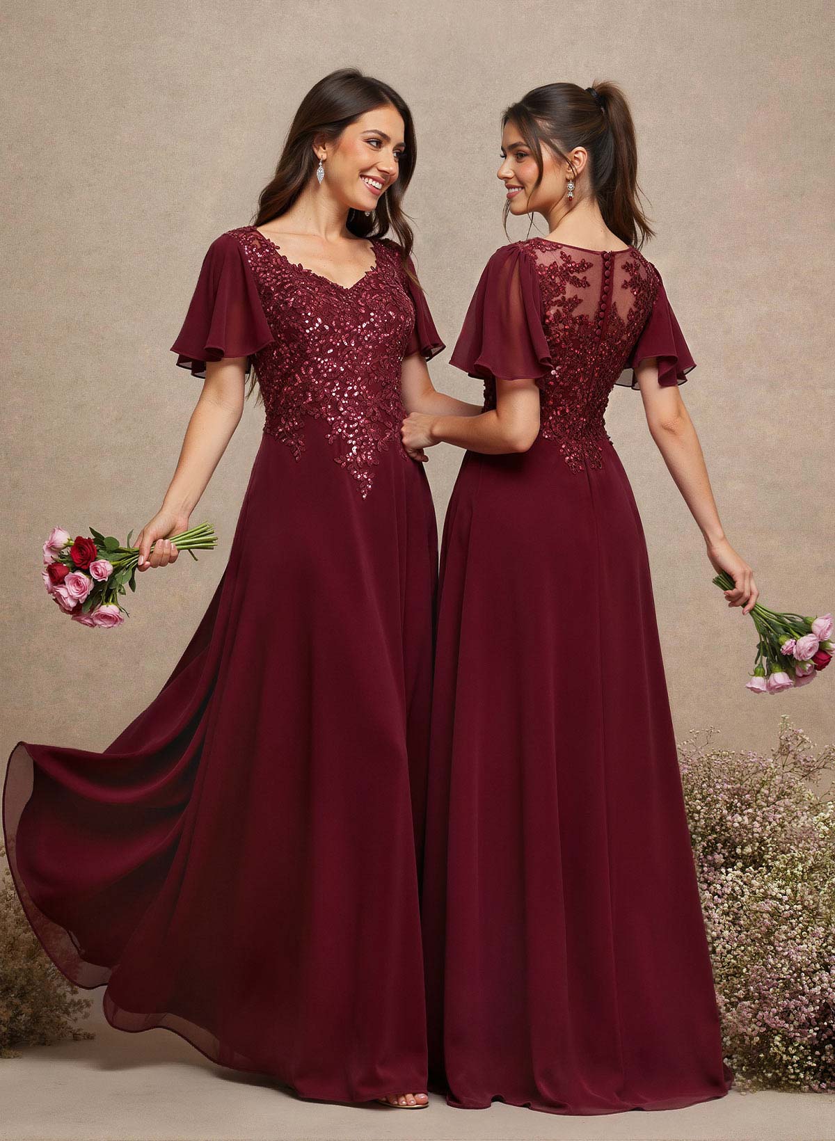 V-Neck Lace Sleeves A-Line Bridesmaid Dresses in As Picture, US2