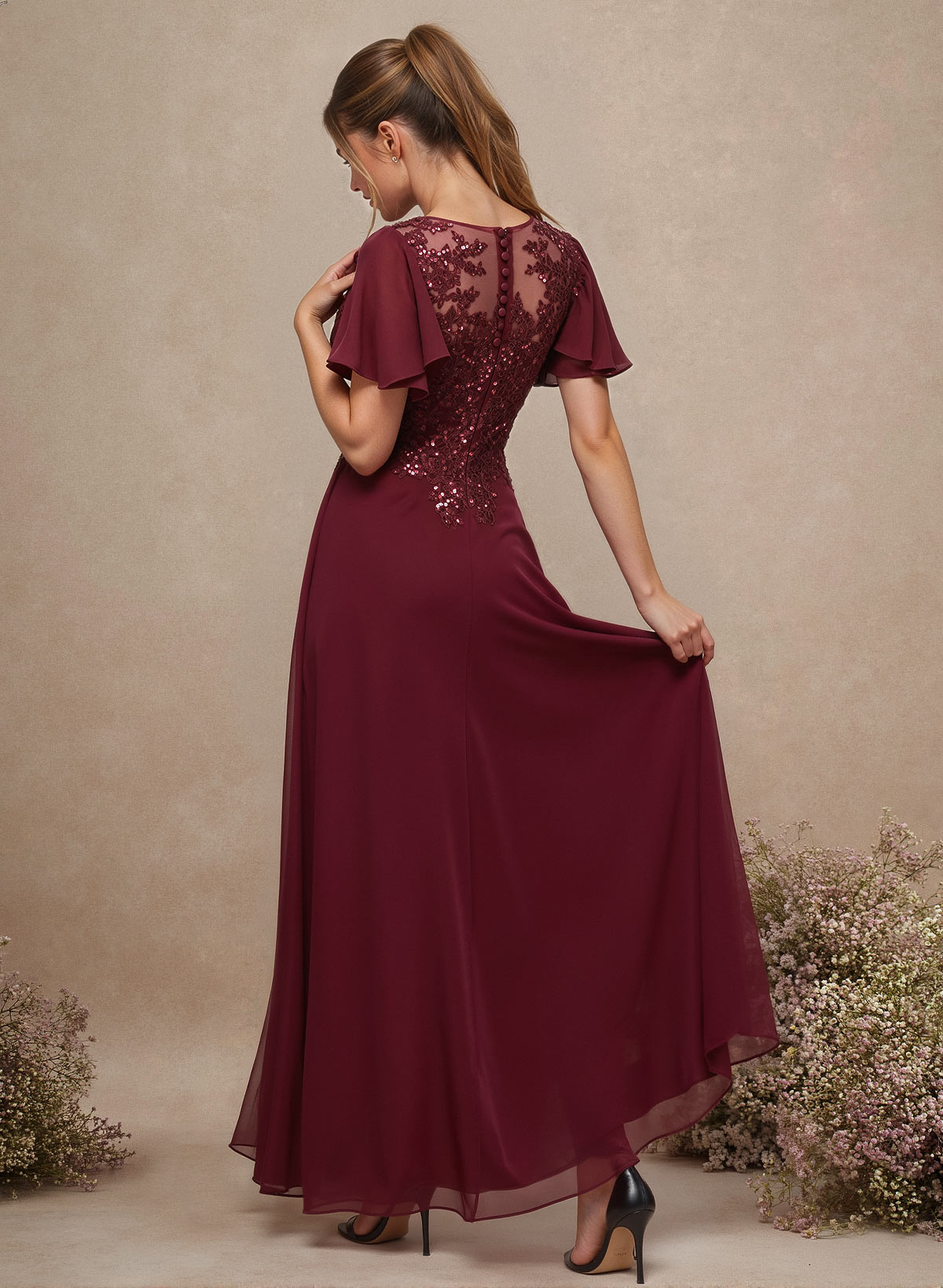 V-Neck Lace Sleeves A-Line Bridesmaid Dresses, image 2