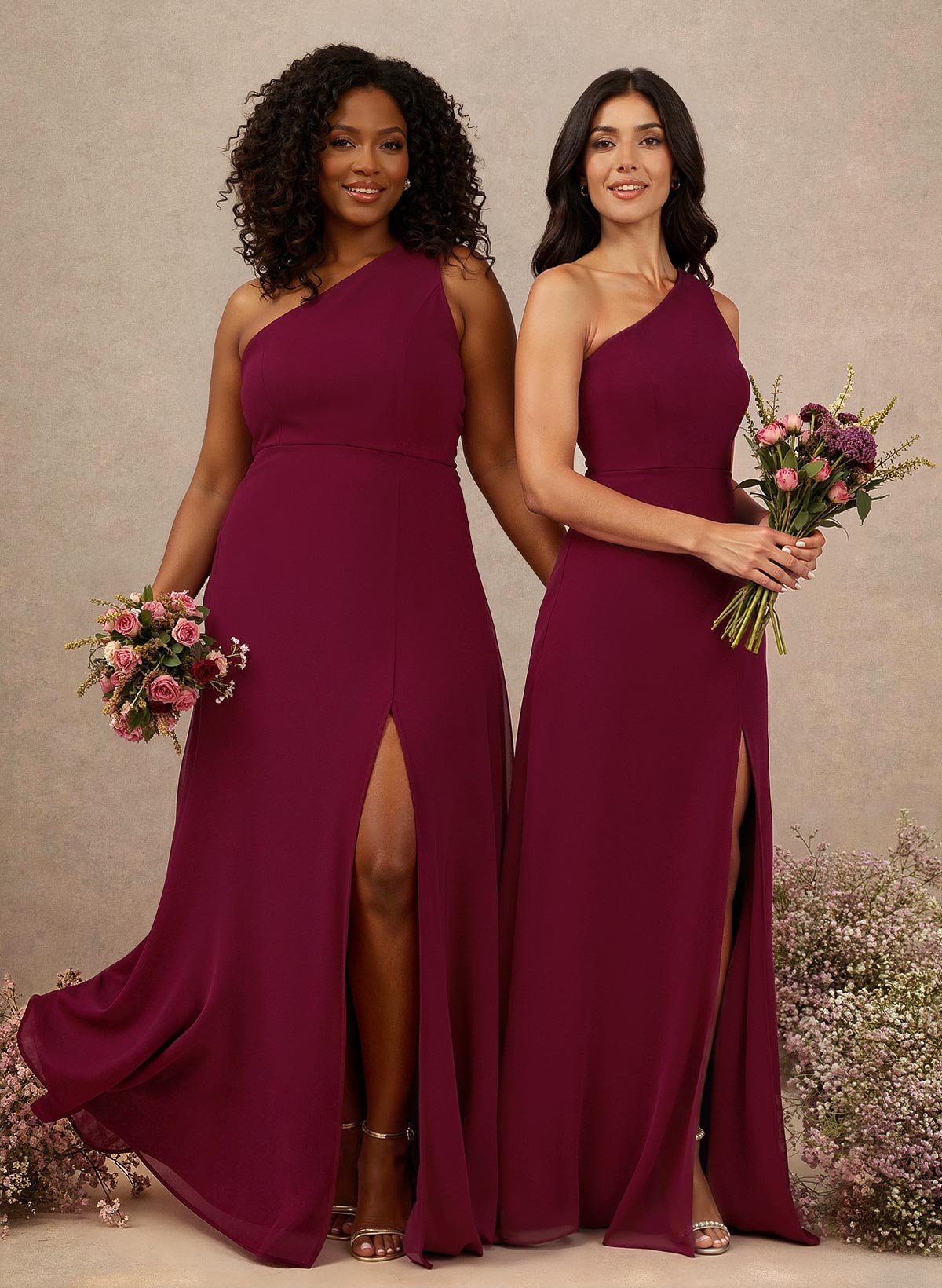 Classic One-Shoulder A-Line High Split Floor-Length Chiffon Bridesmaid Dresses in Burgundy, US2