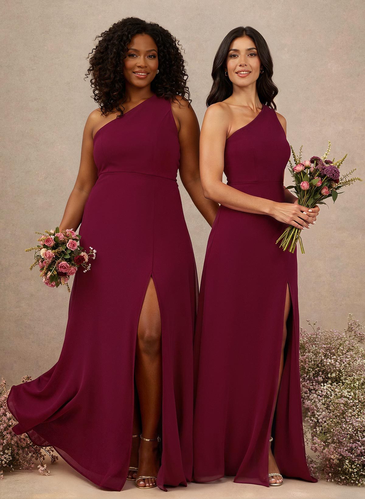Classic One-Shoulder A-Line High Split Floor-Length Chiffon Bridesmaid Dresses in Burgundy, US2