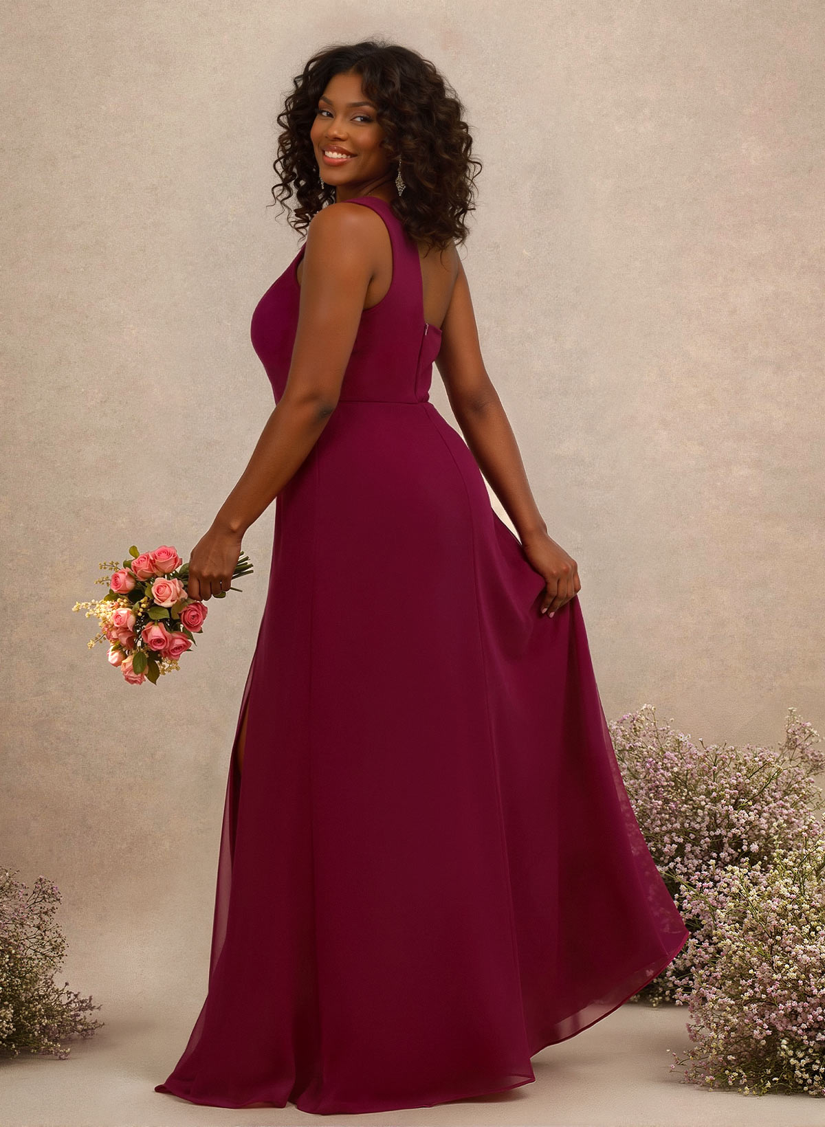 Classic One-Shoulder A-Line High Split Floor-Length Chiffon Bridesmaid Dresses, product image 2
