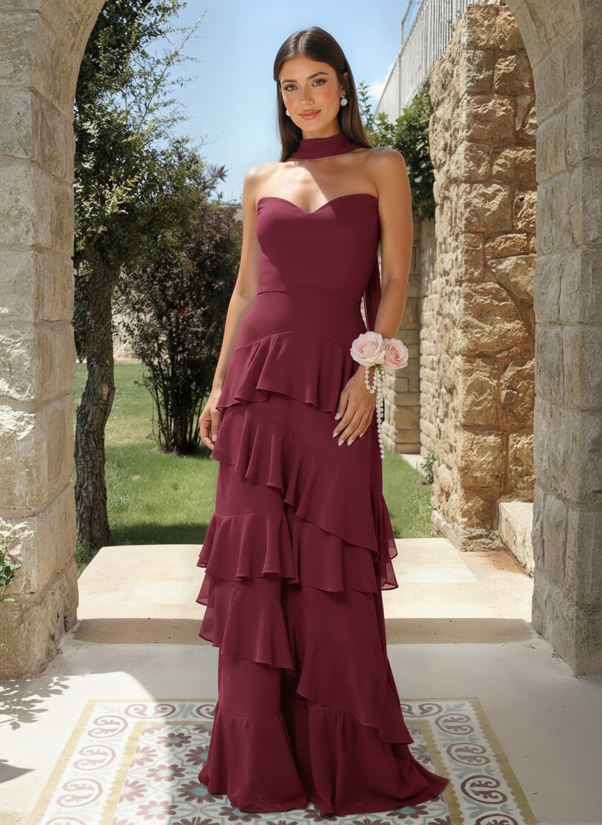 A-Line Sweetheart Floor-Length Chiffon Bridesmaid Dresses With Cascading Ruffles, product image 21