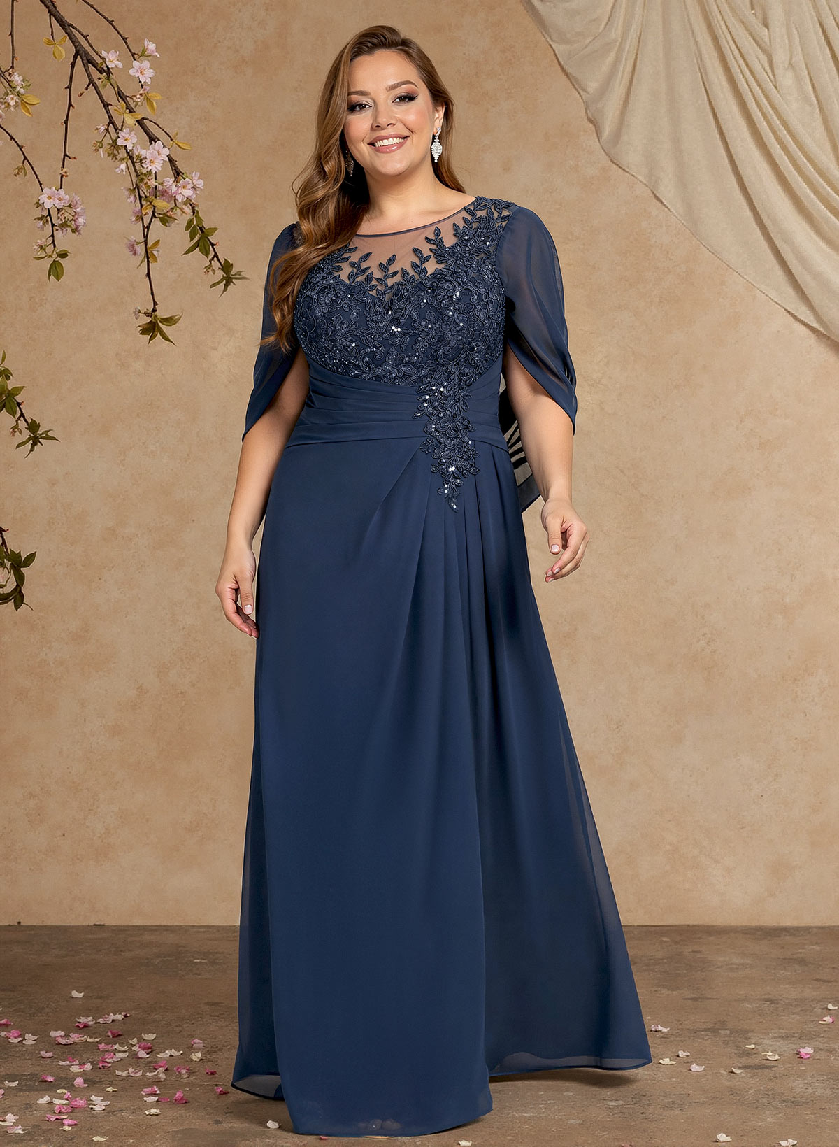 A-Line Illusion Neck Cape Sleeves Floor-Length Chiffon Mother Of The Bride Dresses