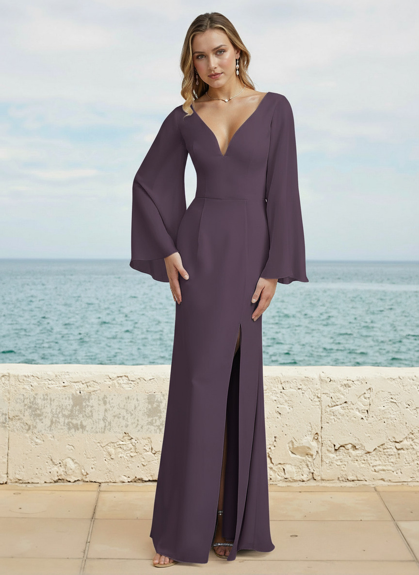 Sheath/Column V-Neck Long Chiffon Bridesmaid Dresses With High Split