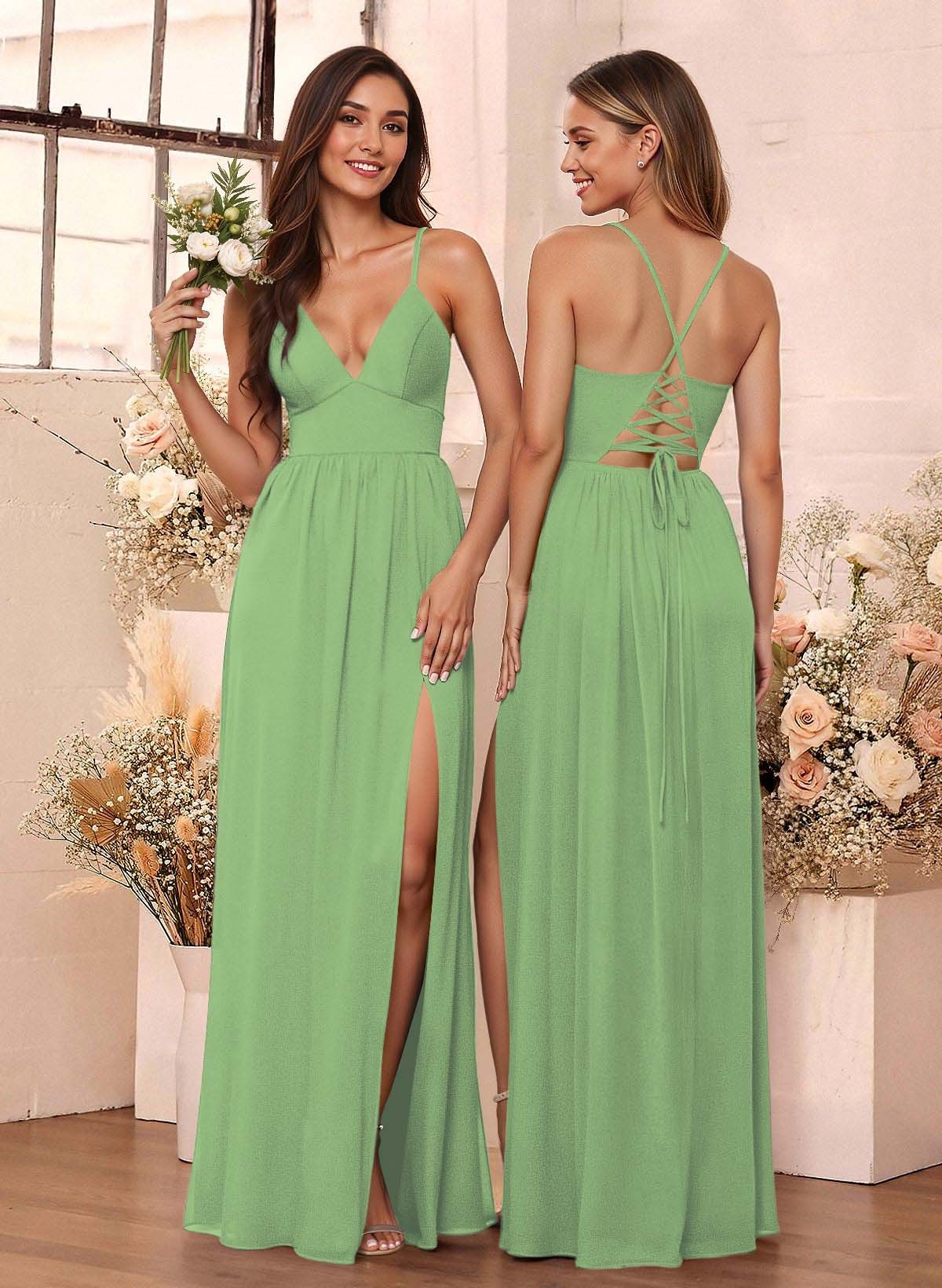 Simple A-Line Plunge Neck Floor-Length Chiffon Bridesmaid Dresses With Split Front, image 8