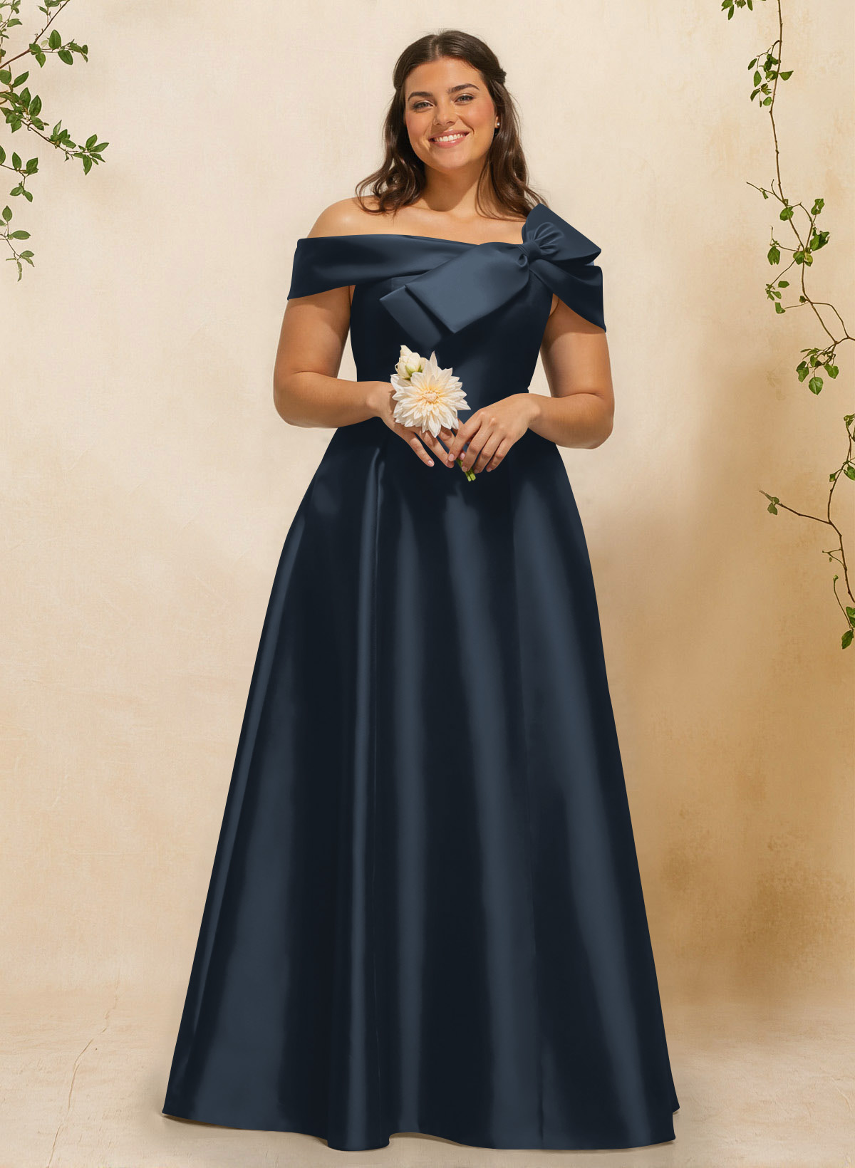 A-Line Off-The-Shoulder Sleeveless Floor-Length Satin Bridesmaid Dresses With Bow(s), product image 4