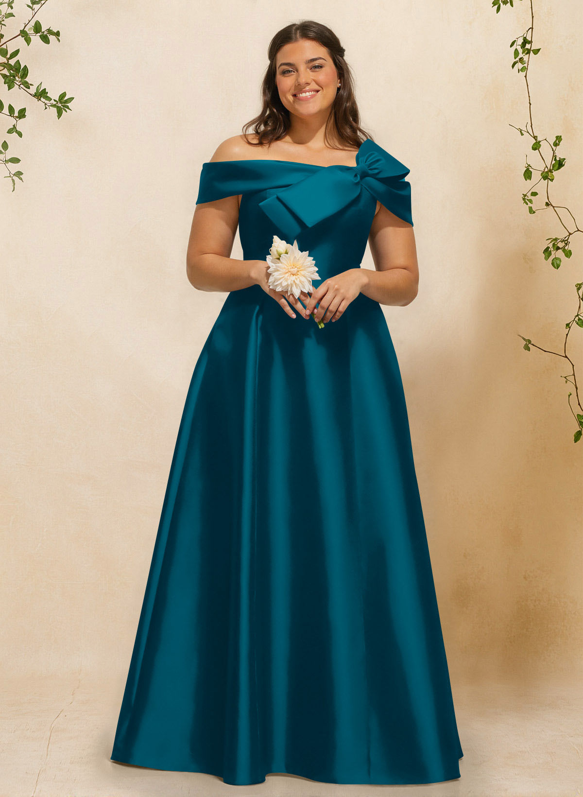 A-Line Off-The-Shoulder Sleeveless Floor-Length Satin Bridesmaid Dresses With Bow(s), product image 12