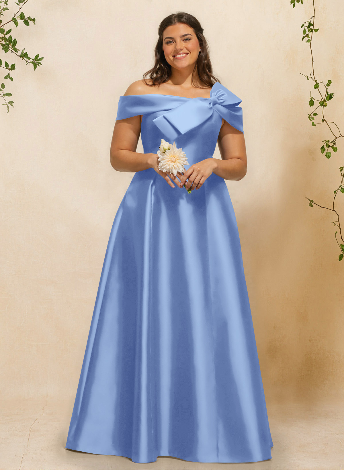 A-Line Off-The-Shoulder Sleeveless Floor-Length Satin Bridesmaid Dresses With Bow(s), product image 20