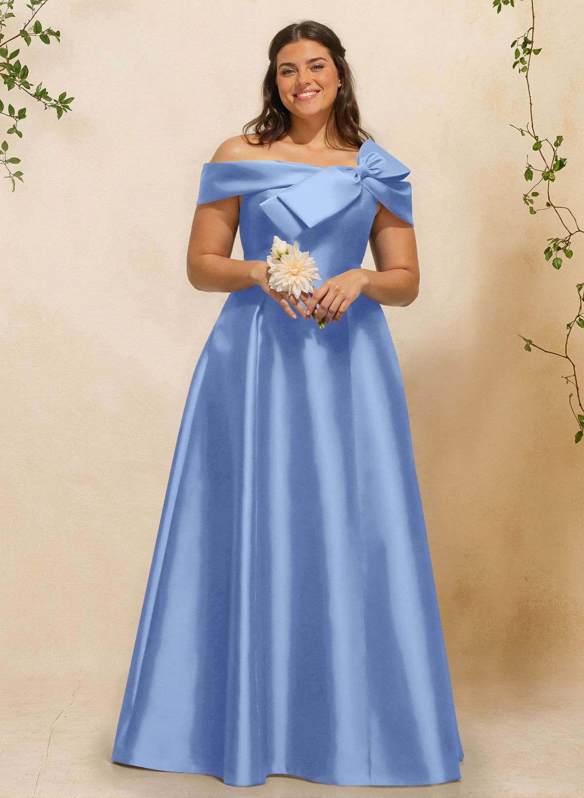 A-Line Off-The-Shoulder Sleeveless Floor-Length Satin Bridesmaid Dresses With Bow(s), product image 20