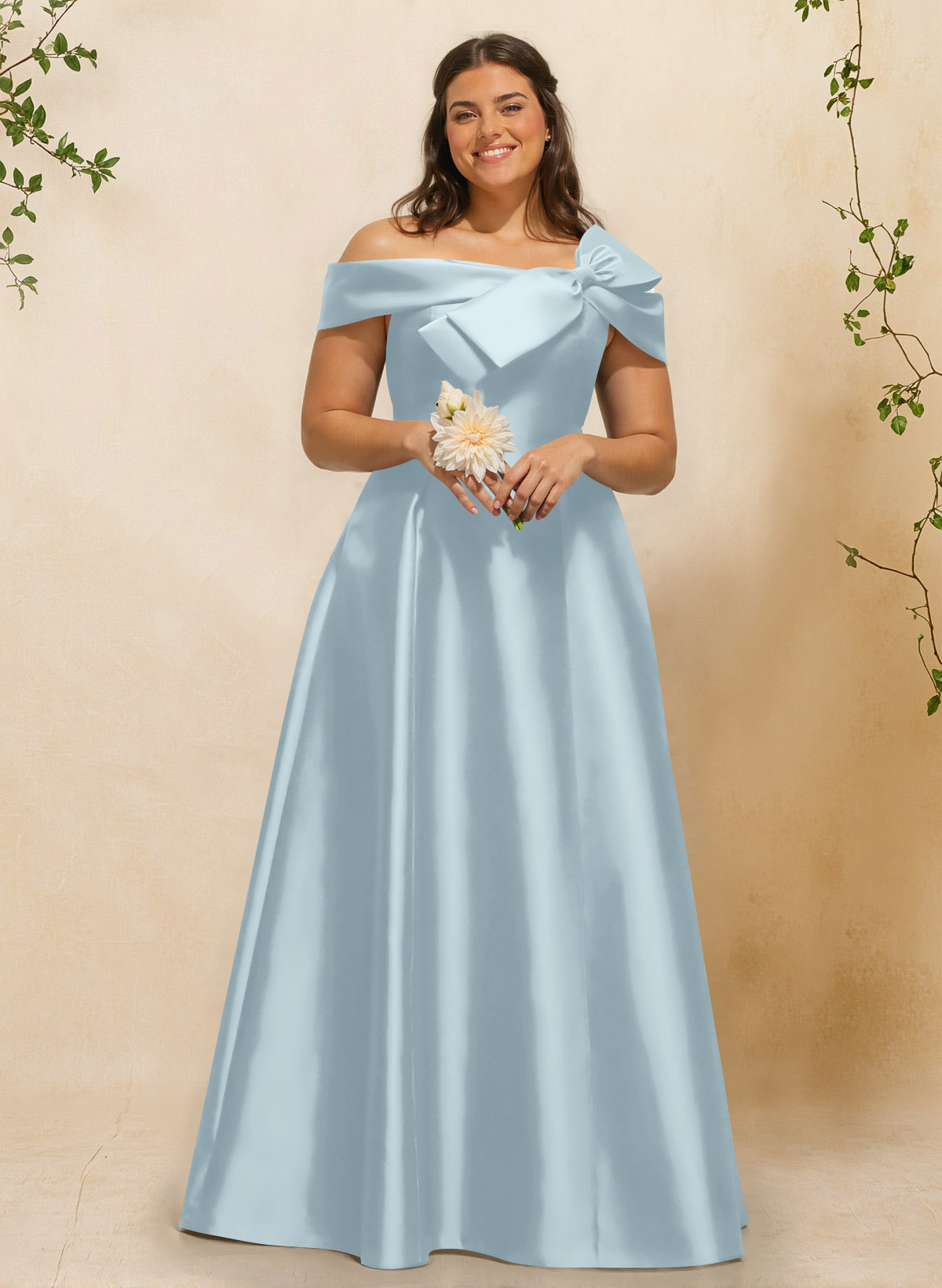 A-Line Off-The-Shoulder Sleeveless Floor-Length Satin Bridesmaid Dresses With Bow(s), product image 24