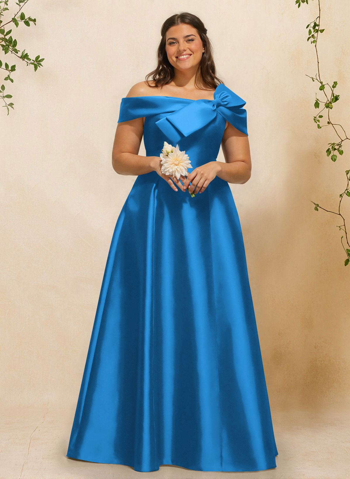 A-Line Off-The-Shoulder Sleeveless Floor-Length Satin Bridesmaid Dresses With Bow(s), product image 16