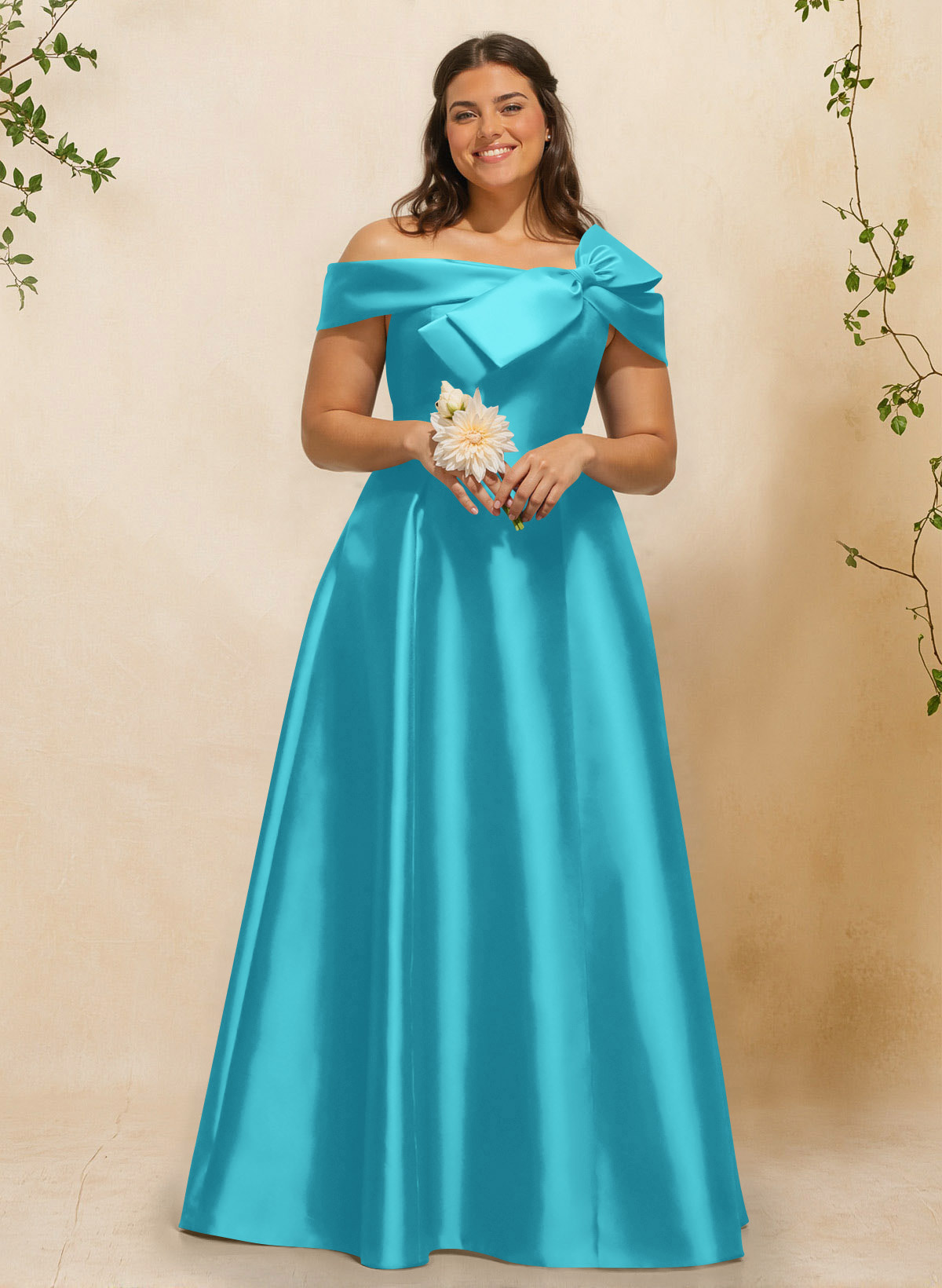 A-Line Off-The-Shoulder Sleeveless Floor-Length Satin Bridesmaid Dresses With Bow(s), product image 18