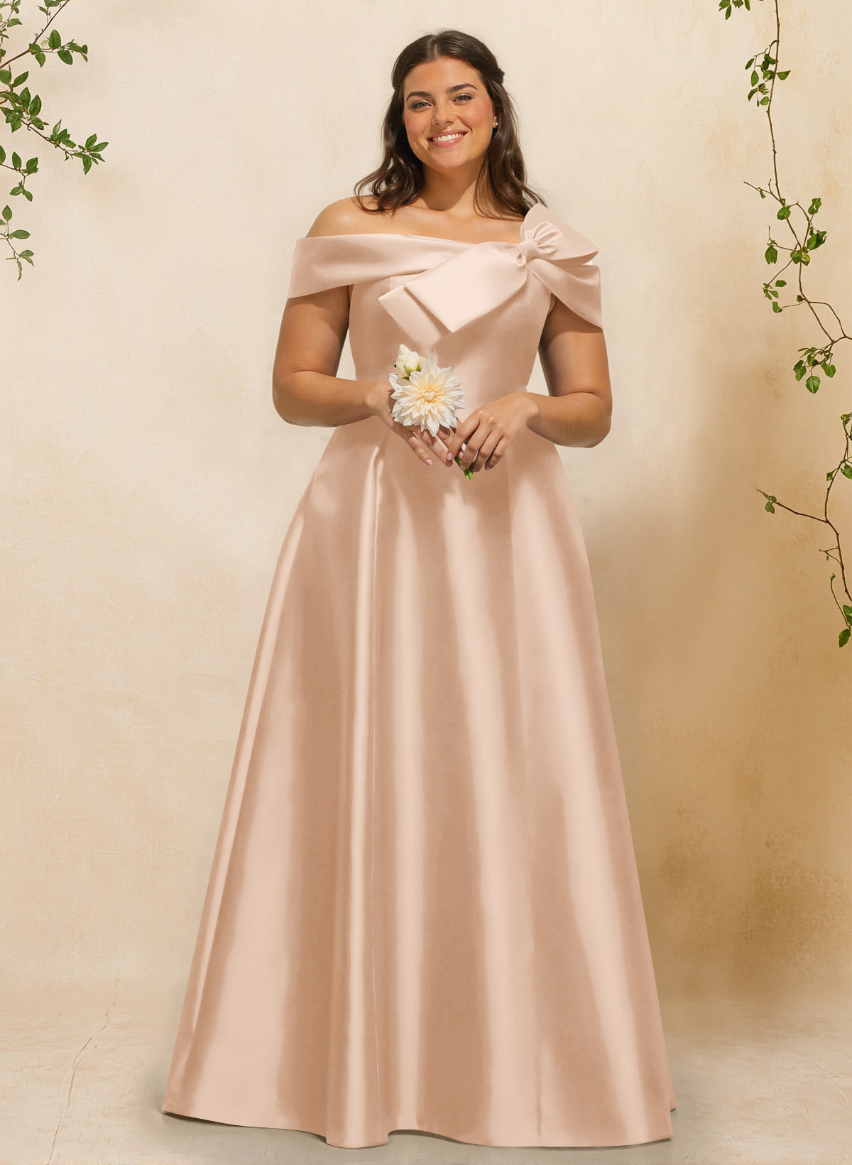 A-Line Off-The-Shoulder Sleeveless Floor-Length Satin Bridesmaid Dresses With Bow(s), product image 126