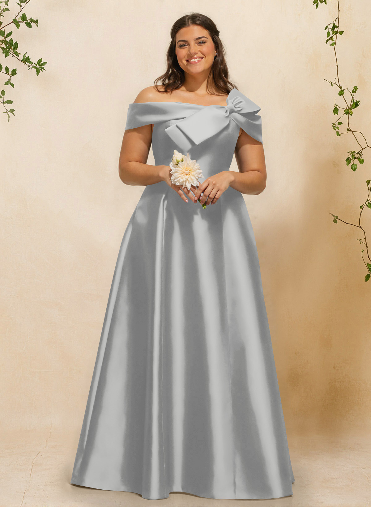 A-Line Off-The-Shoulder Sleeveless Floor-Length Satin Bridesmaid Dresses With Bow(s), product image 110