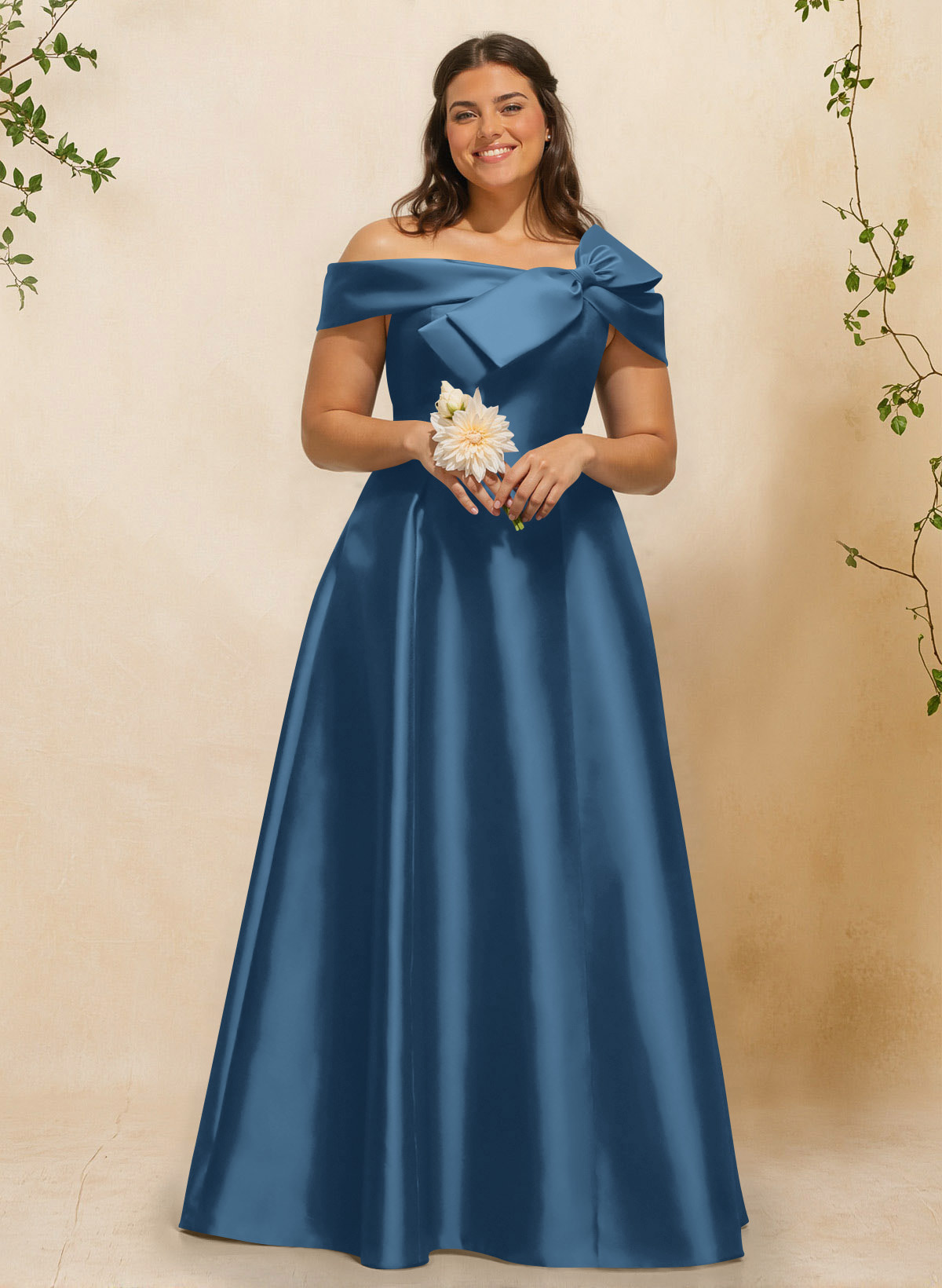 A-Line Off-The-Shoulder Sleeveless Floor-Length Satin Bridesmaid Dresses With Bow(s), product image 8