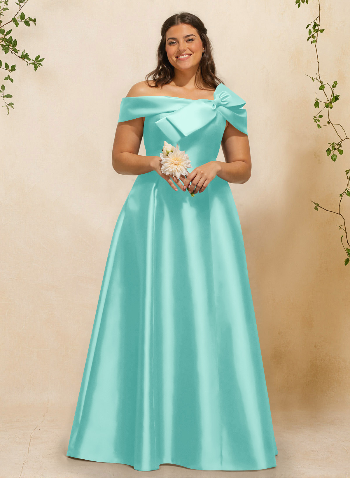 A-Line Off-The-Shoulder Sleeveless Floor-Length Satin Bridesmaid Dresses With Bow(s), product image 90