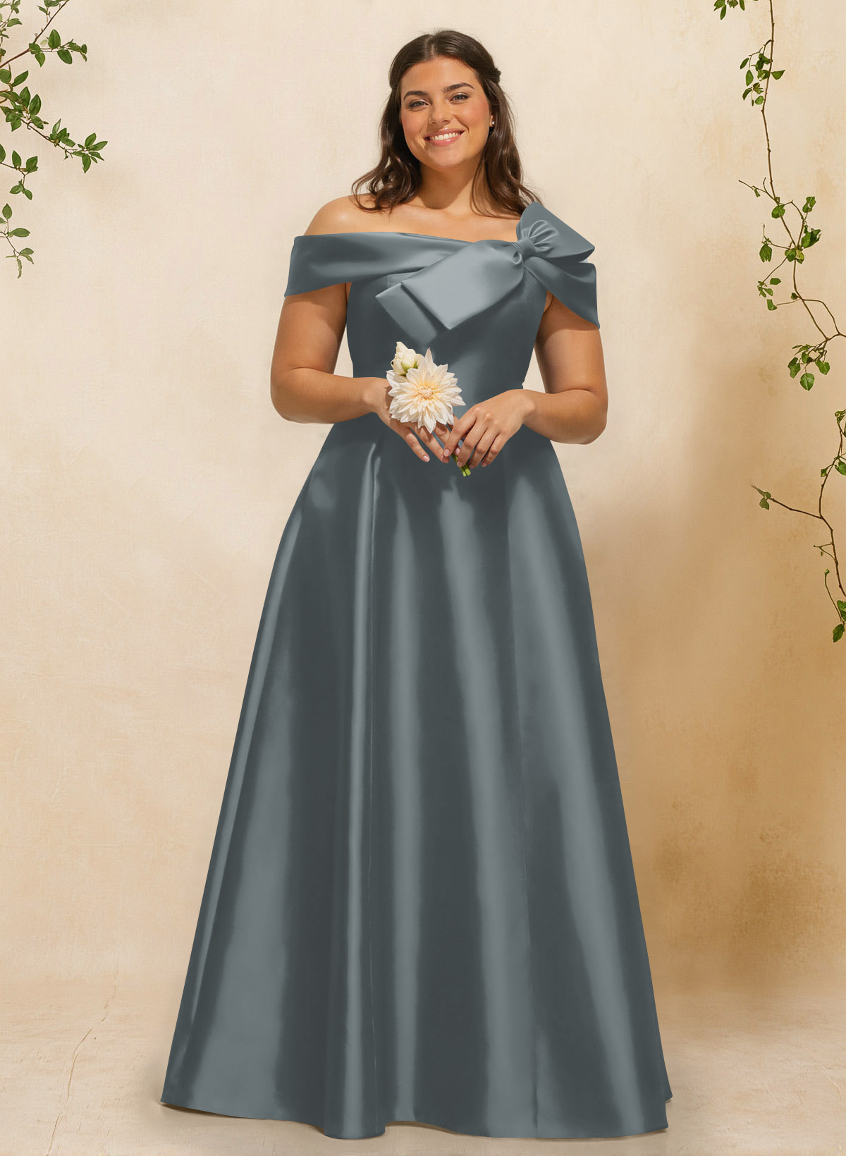 A-Line Off-The-Shoulder Sleeveless Floor-Length Satin Bridesmaid Dresses With Bow(s), product image 112