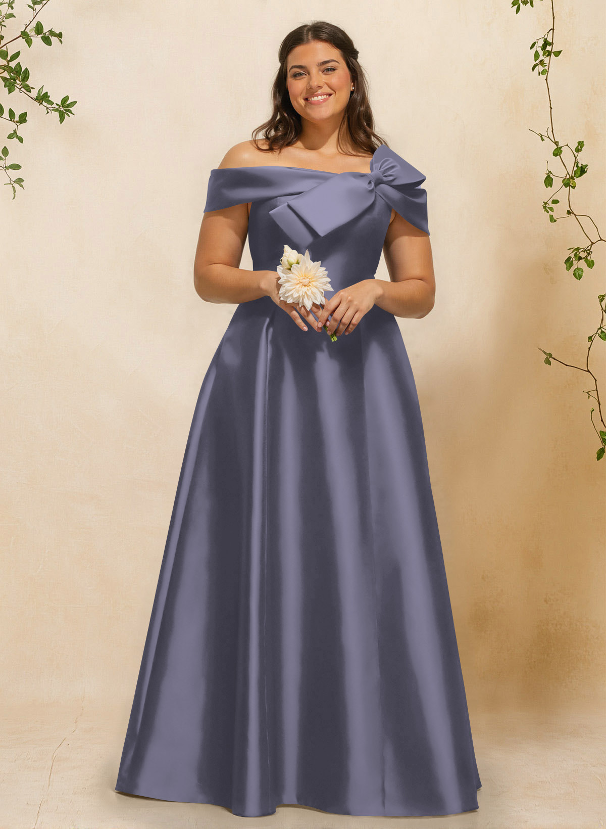 A-Line Off-The-Shoulder Sleeveless Floor-Length Satin Bridesmaid Dresses With Bow(s), product image 10