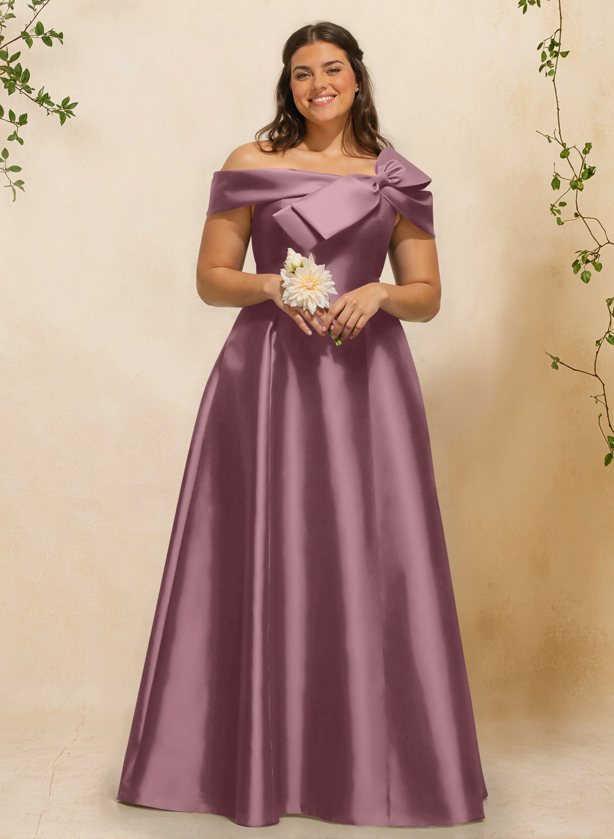 A-Line Off-The-Shoulder Sleeveless Floor-Length Satin Bridesmaid Dresses With Bow(s), product image 58