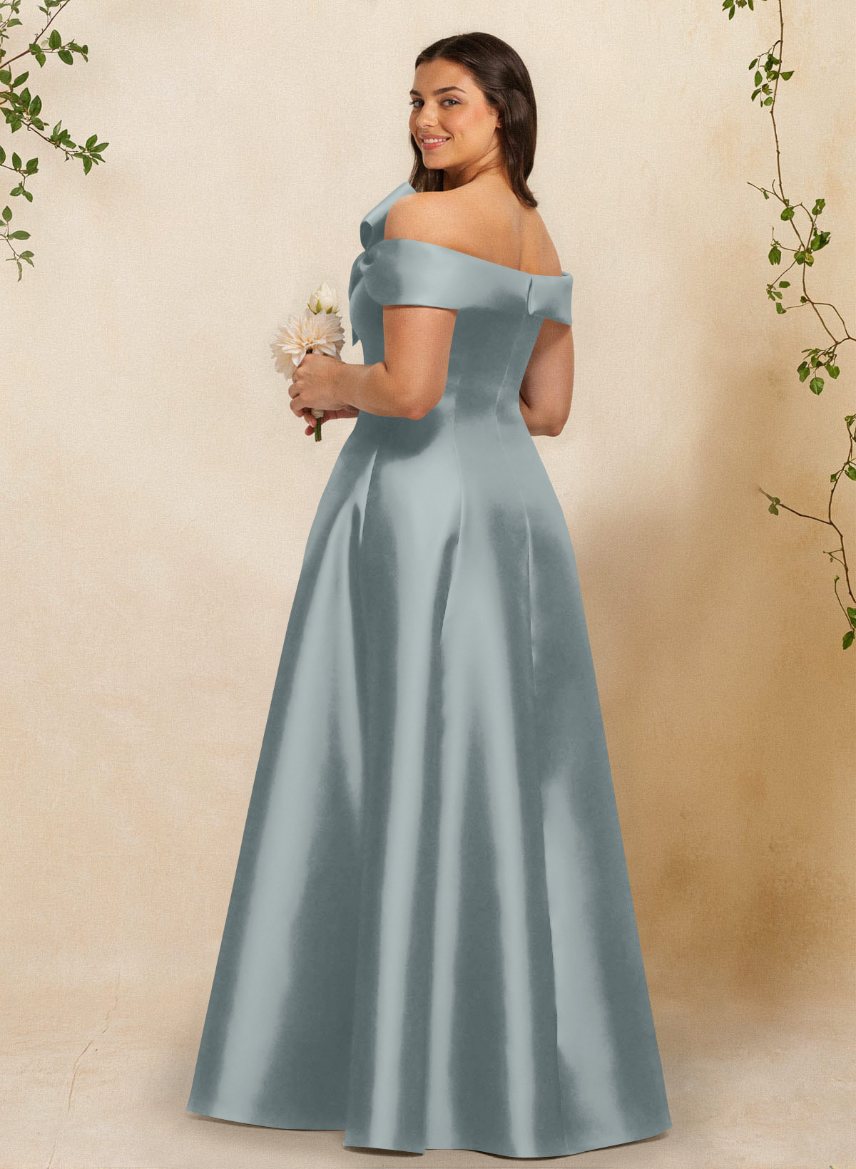 A-Line Off-The-Shoulder Sleeveless Floor-Length Satin Bridesmaid Dresses With Bow(s), product image 7