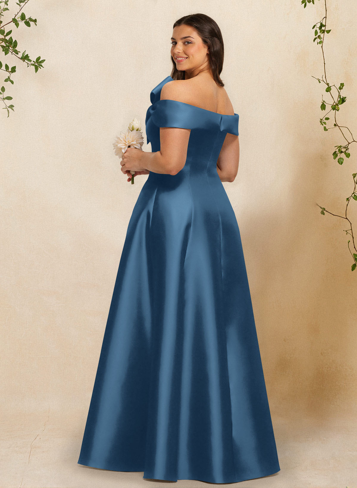 A-Line Off-The-Shoulder Sleeveless Floor-Length Satin Bridesmaid Dresses With Bow(s), product image 9
