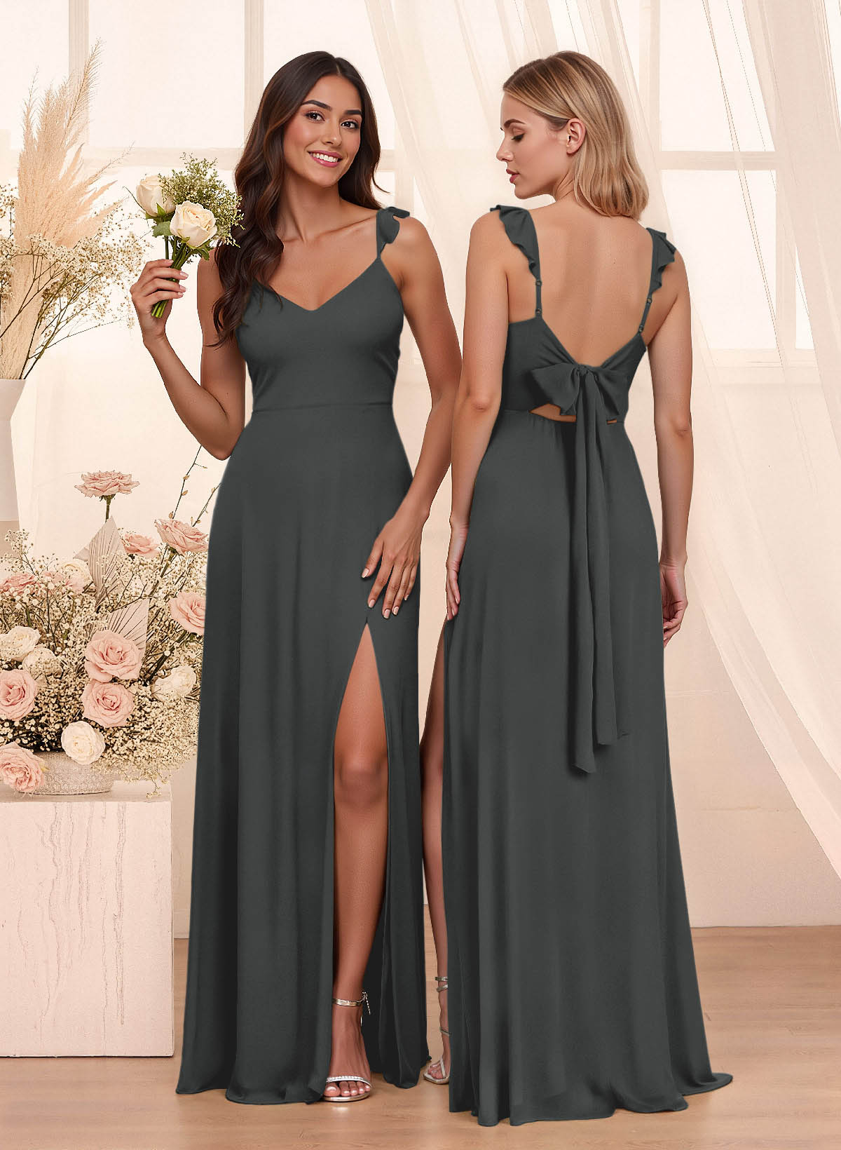 Simple V-Neck A-Line Floor-Length Chiffon Bridesmaid Dresses With Bow(s), product image 21