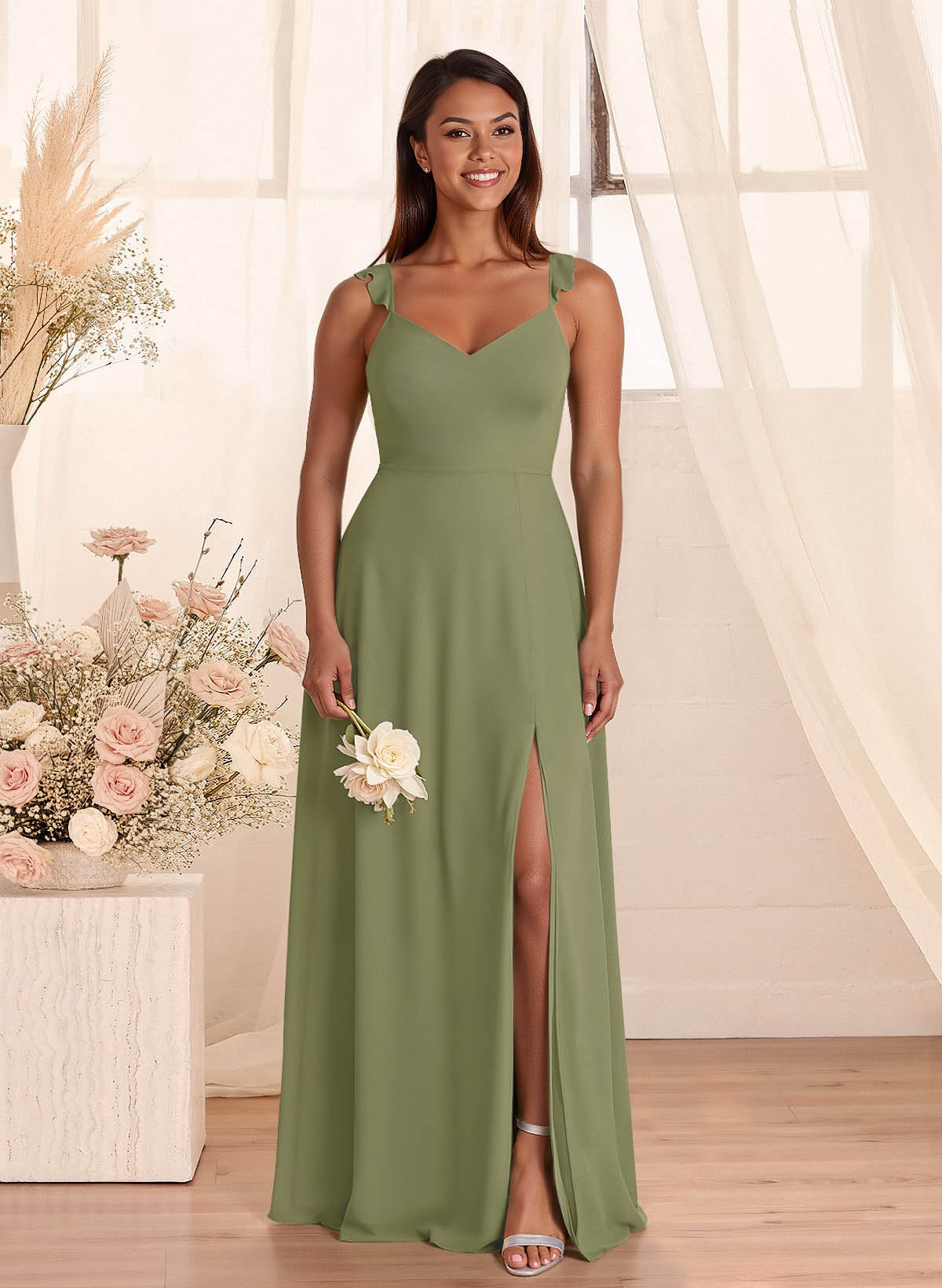 Simple V-Neck A-Line Floor-Length Chiffon Bridesmaid Dresses With Bow(s), product image 2