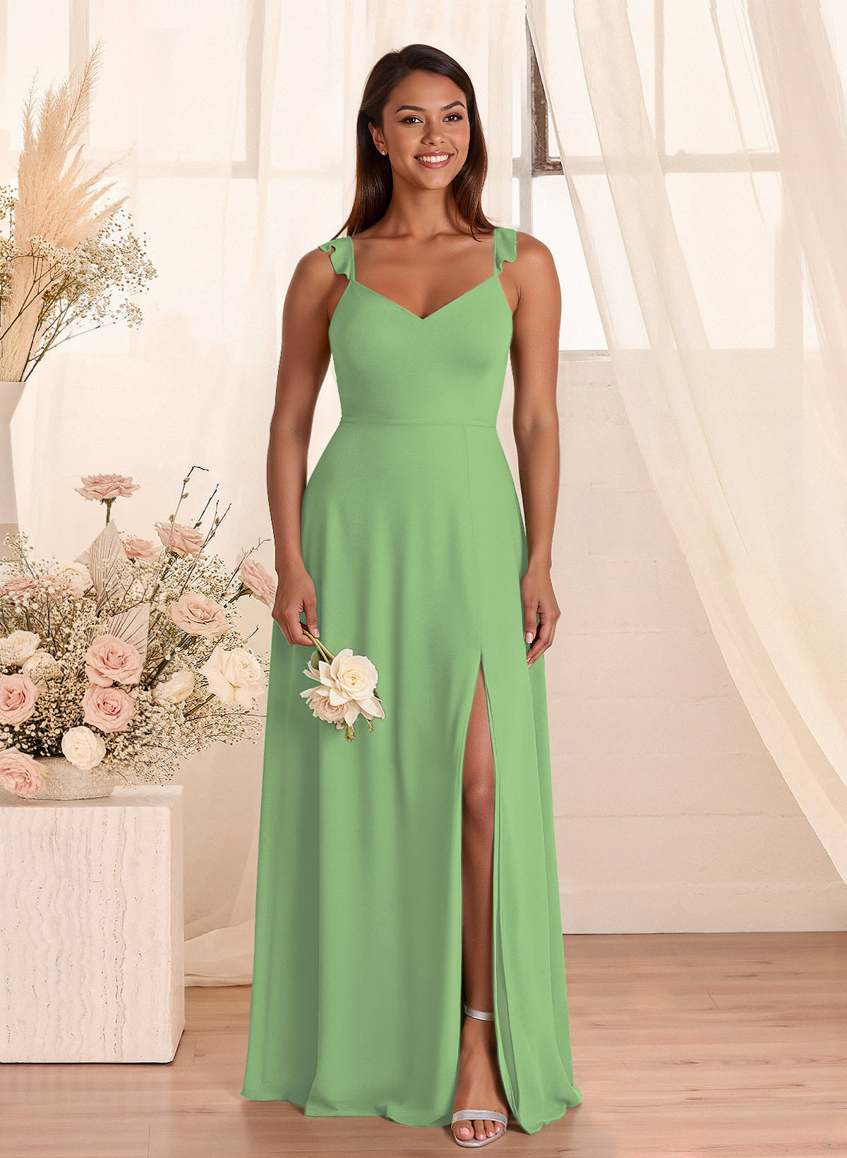 Simple V-Neck A-Line Floor-Length Chiffon Bridesmaid Dresses With Bow(s), product image 8