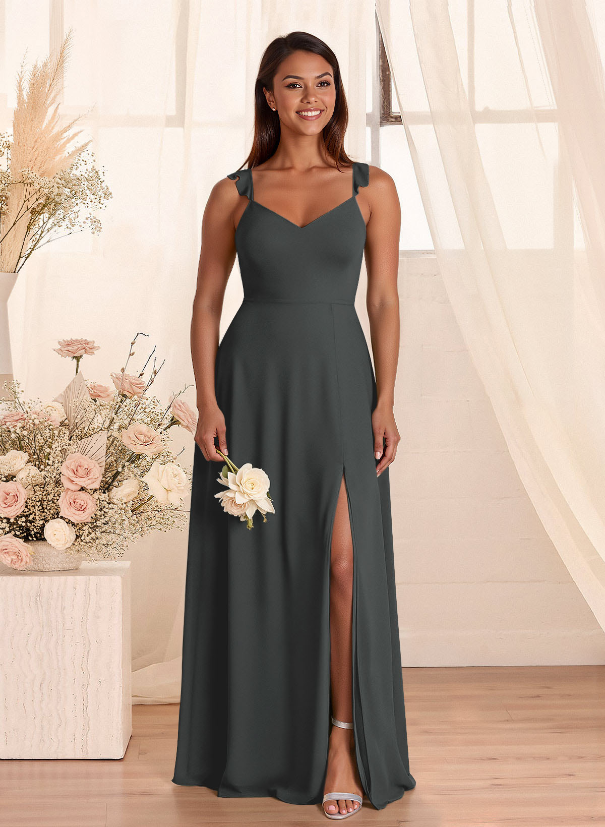 Simple V-Neck A-Line Floor-Length Chiffon Bridesmaid Dresses With Bow(s), product image 22