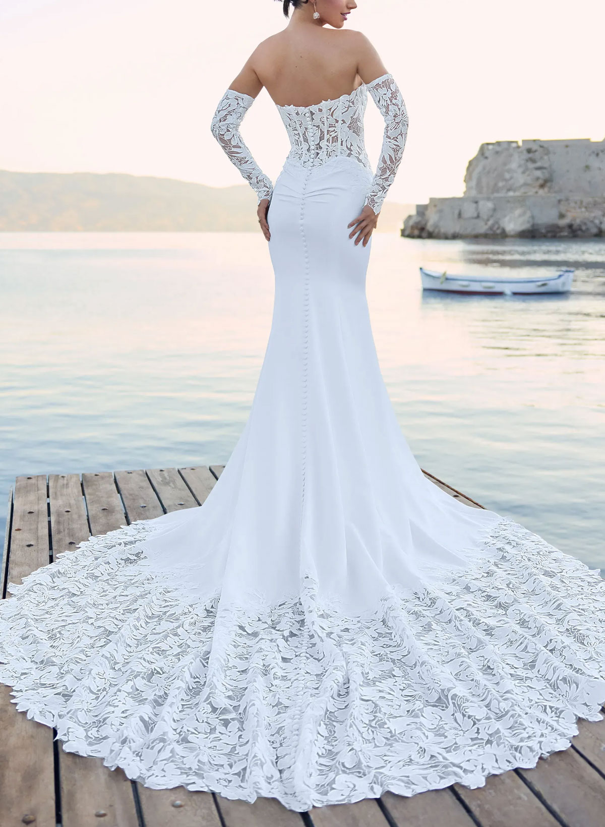 Trumpet Mermaid Off-The-Shoulder Detachable Sleeves Court Train Lace Elastic Satin Wedding Dresses With Appliques Lace