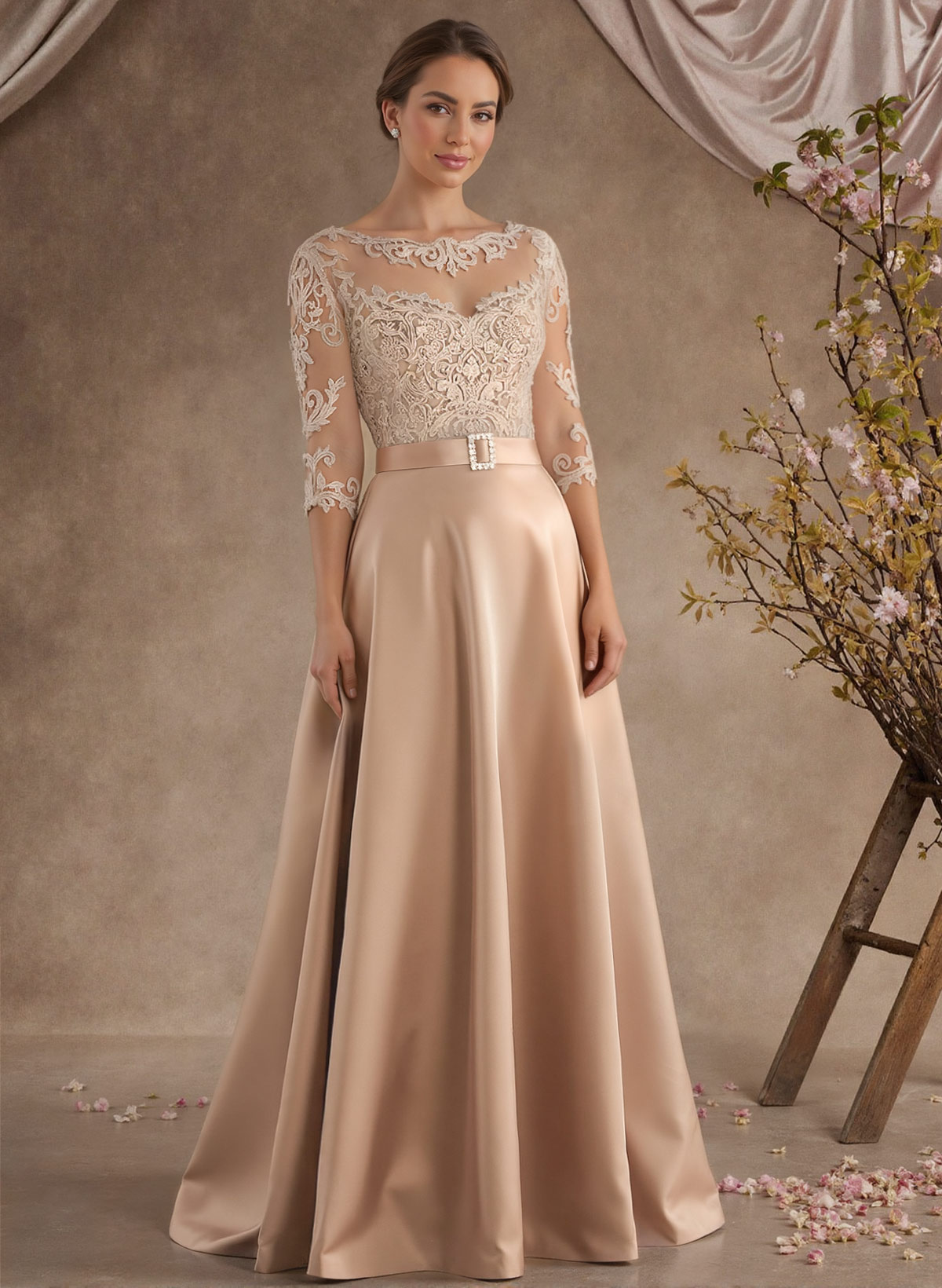 A-Line Illusion Neck 3/4 Sleeves Floor-Length Satin Mother Of The Bride Dresses With Flower(s)