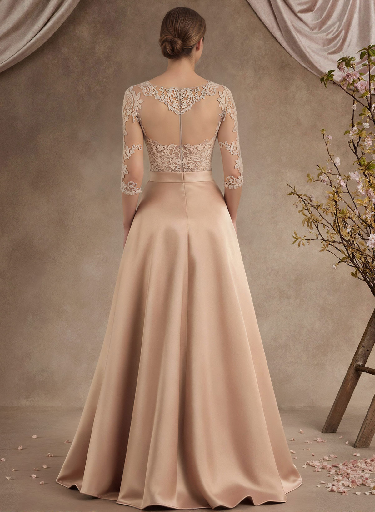 A-Line Illusion Neck 3/4 Sleeves Floor-Length Satin Mother Of The Bride Dresses With Flower(s)