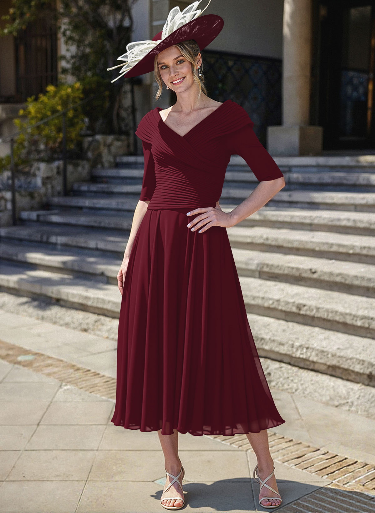 A-Line V-Neck 1/2 Sleeves Tea-Length Chiffon Mother Of The Bride Dresses With Pleated