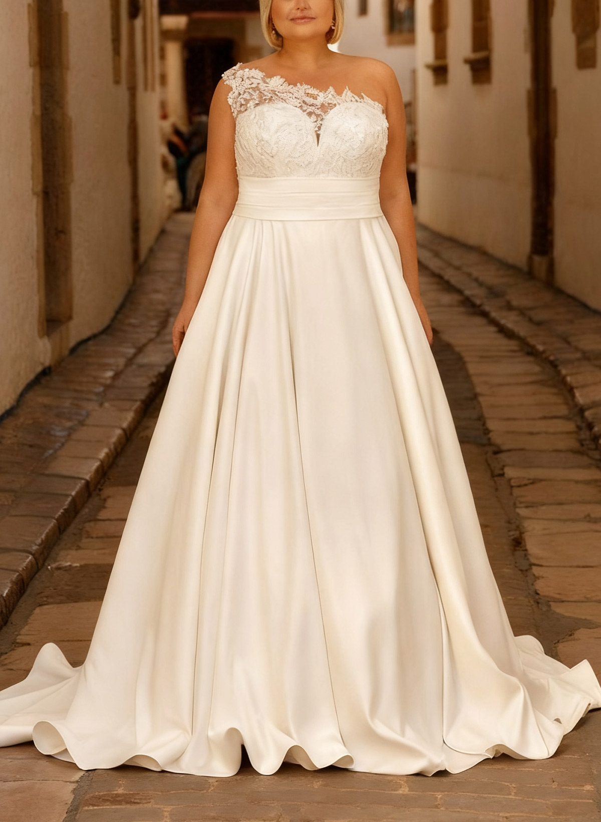 A-Line One-Shoulder Sleeveless Sweep Train Satin Wedding Dresses With Appliques Lace