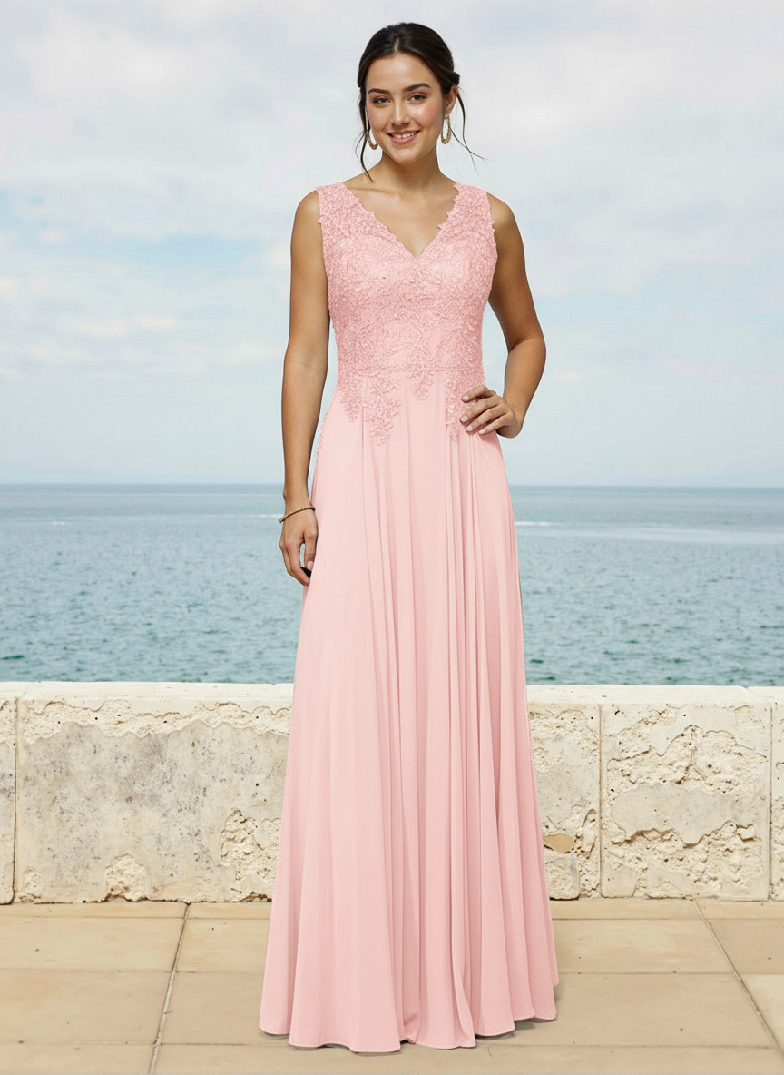 A-Line V-Neck Sleeveless Sweep Train Chiffon Bridesmaid Dresses With Lace, image 12