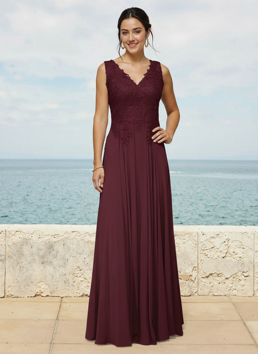 A-Line V-Neck Sleeveless Sweep Train Chiffon Bridesmaid Dresses With Lace, image 6