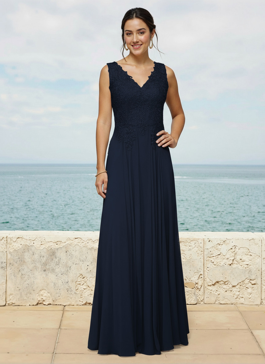 A-Line V-Neck Sleeveless Sweep Train Chiffon Bridesmaid Dresses With Lace, image 3