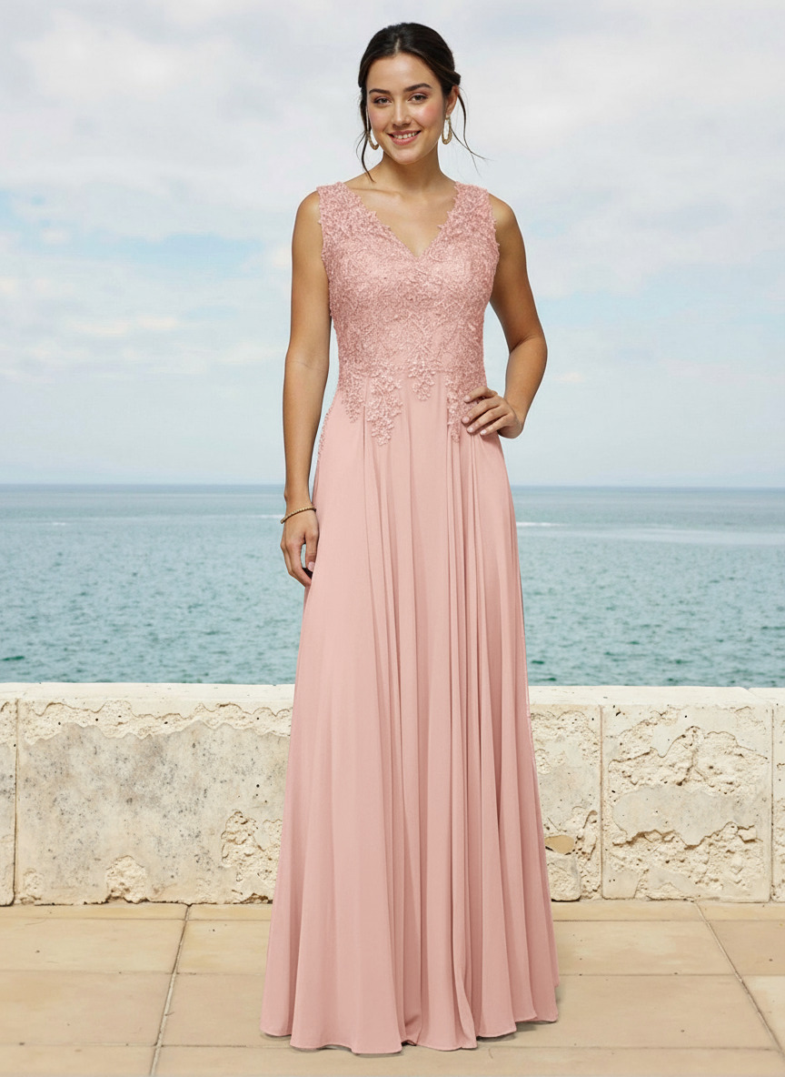 A-Line V-Neck Sleeveless Sweep Train Chiffon Bridesmaid Dresses With Lace, image 8