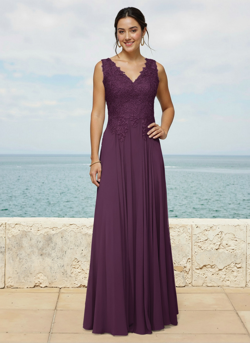 A-Line V-Neck Sleeveless Sweep Train Chiffon Bridesmaid Dresses With Lace, image 15