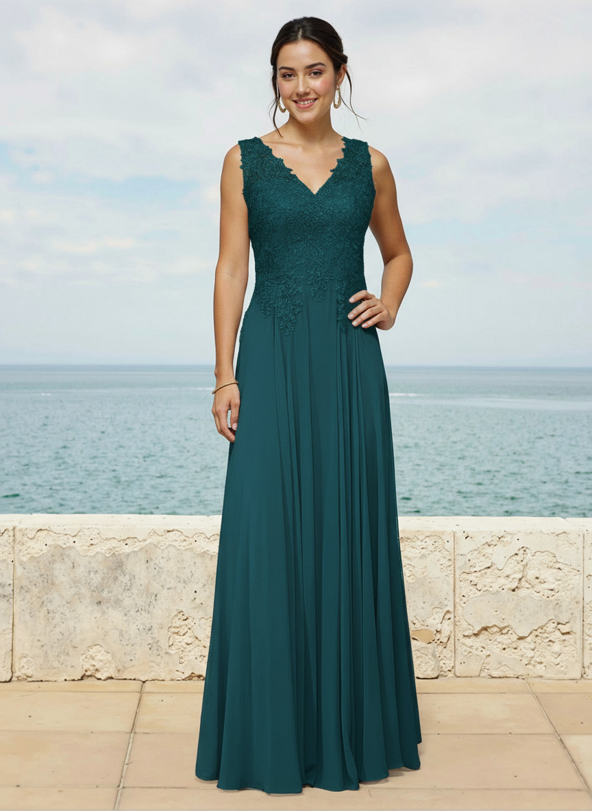 A-Line V-Neck Sleeveless Sweep Train Chiffon Bridesmaid Dresses With Lace, image 4