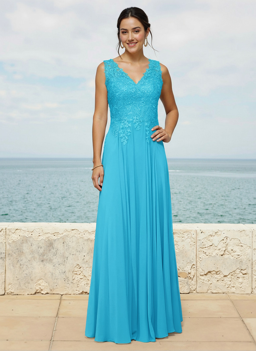 A-Line V-Neck Sleeveless Sweep Train Chiffon Bridesmaid Dresses With Lace, image 5
