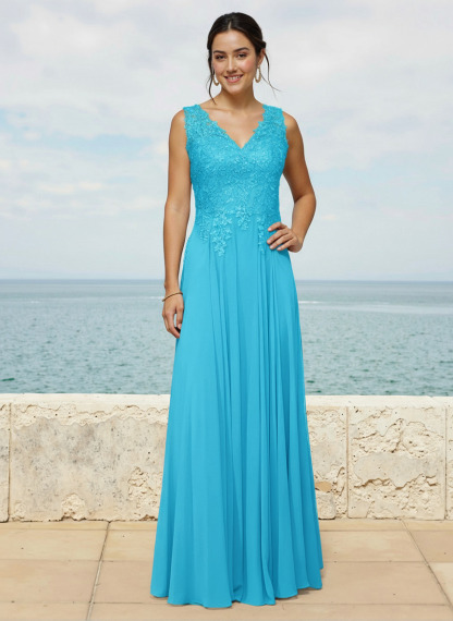 A-Line V-Neck Sleeveless Sweep Train Chiffon Bridesmaid Dresses With Lace