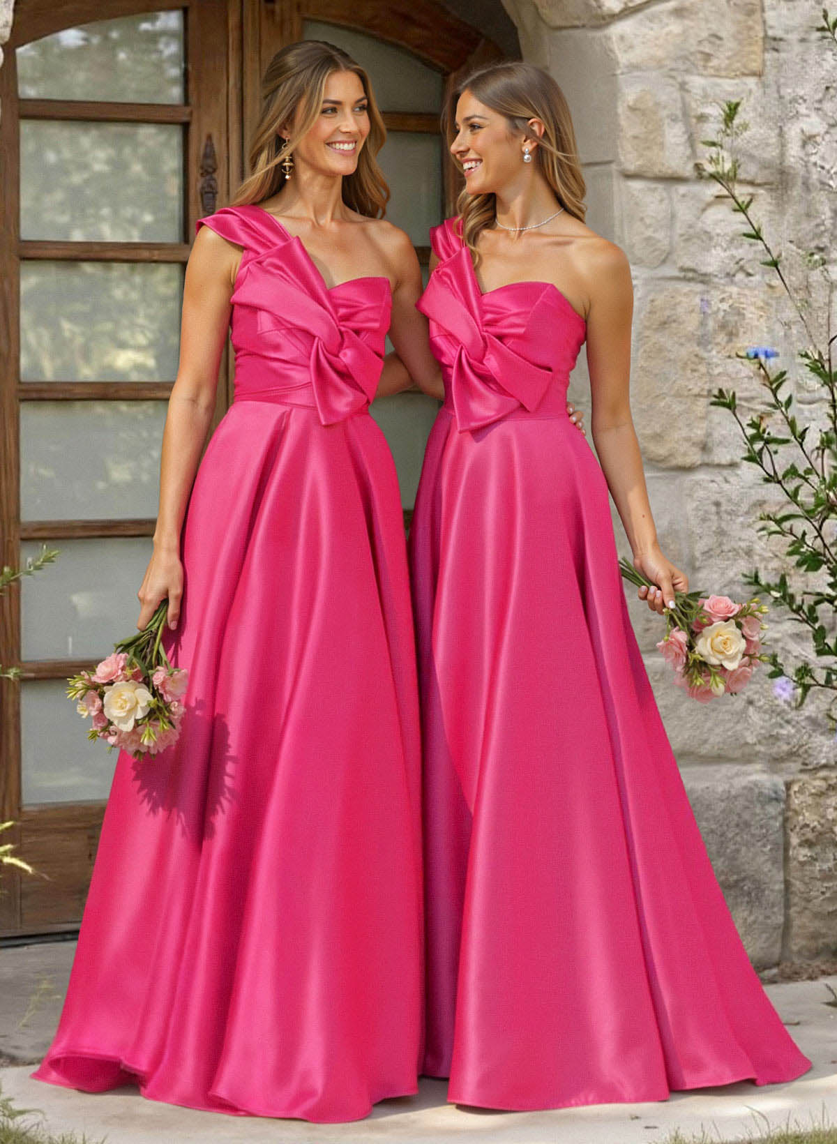 A-Line One-Shoulder Sleeveless Sweep Train Satin Bridesmaid Dresses, product image 1